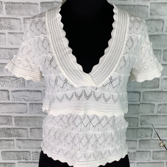 Zara | NWT White Scallop V Neck Short Sleeve Pointelle Knit Crop Top L - Picture 2 of 7